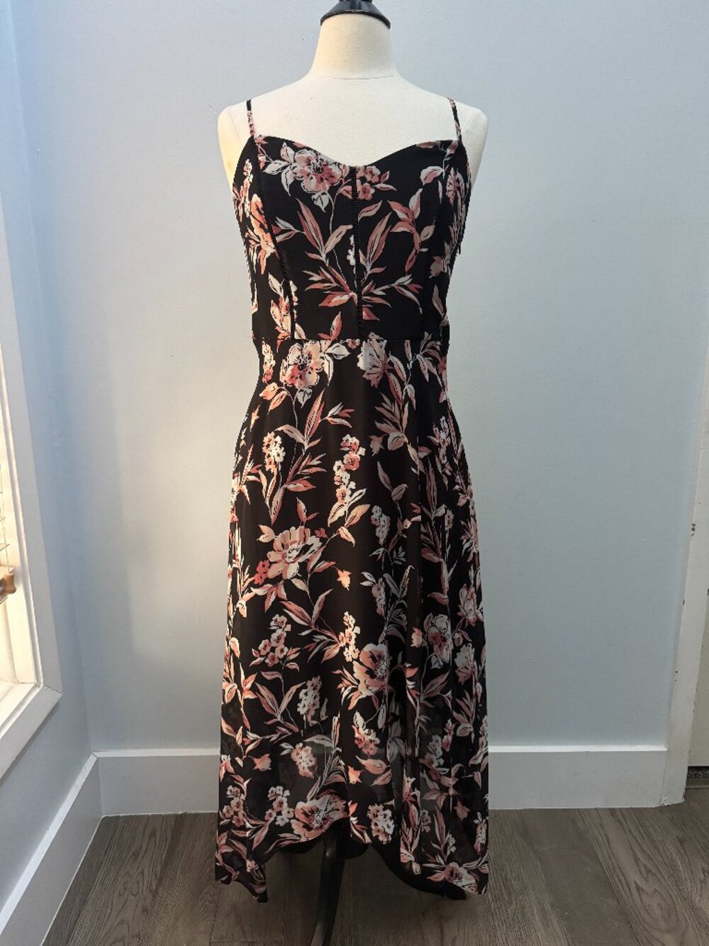 White House Black Market Floral High-Low Maxi Dress 12 Pink Black White